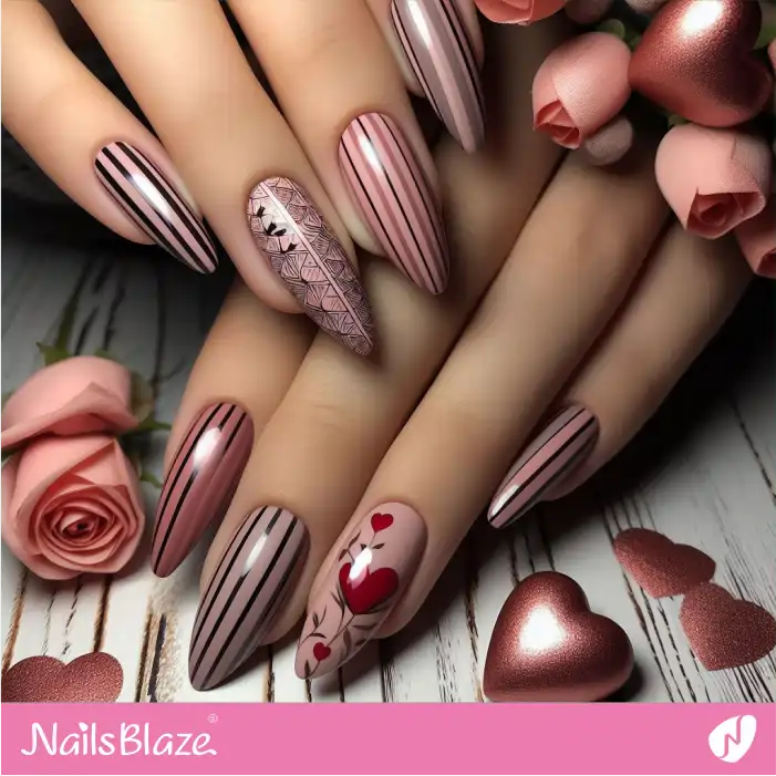 Valentine Vintage Striped Heart Nail Design | Valentine Nails - NB2332